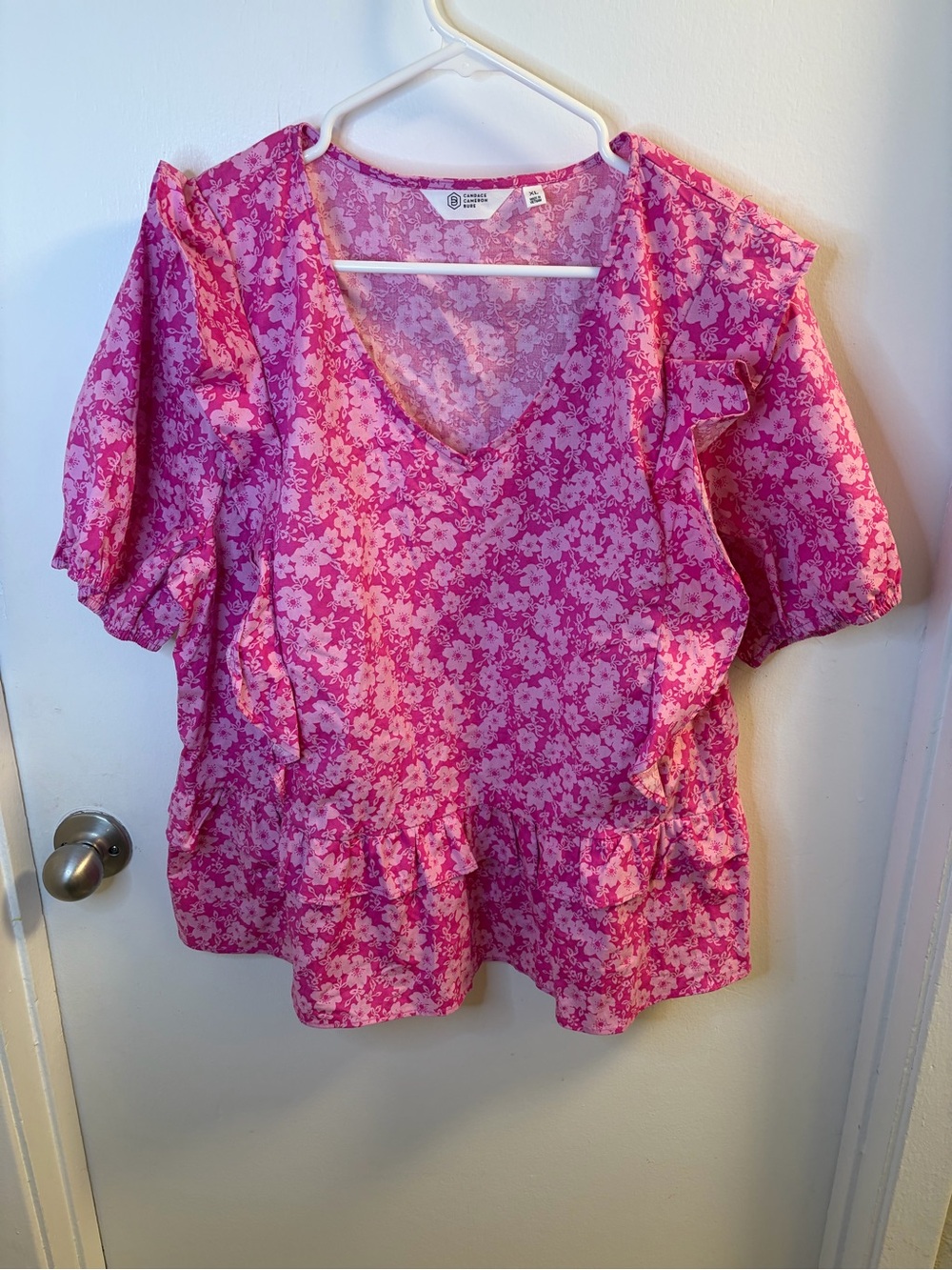 Candace Cameron Bure Pink Floral V-Neck Ruffle Blouse Size XL
